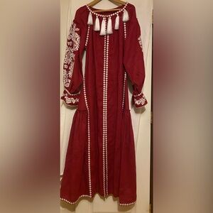 Handmade Embroidered Red Maxi Dress with White Trim